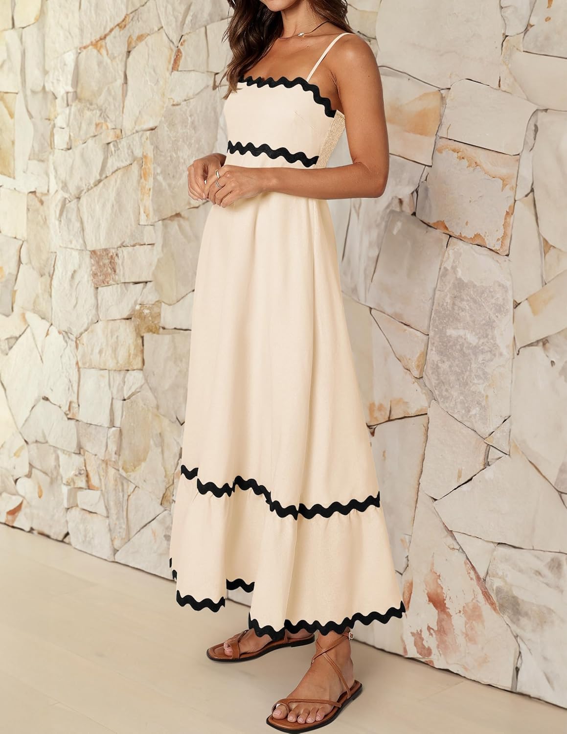 Ella Midi Dress for Women – Elegant Summer Fluid Smocked Dress with Thin Straps and Open Back
