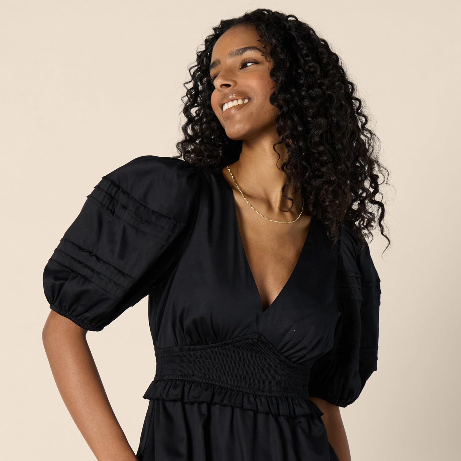 Sophie Midi Jurk Dames – Satijnen Katoenen Jurk Met V-Hals Pofmouwen Elegant