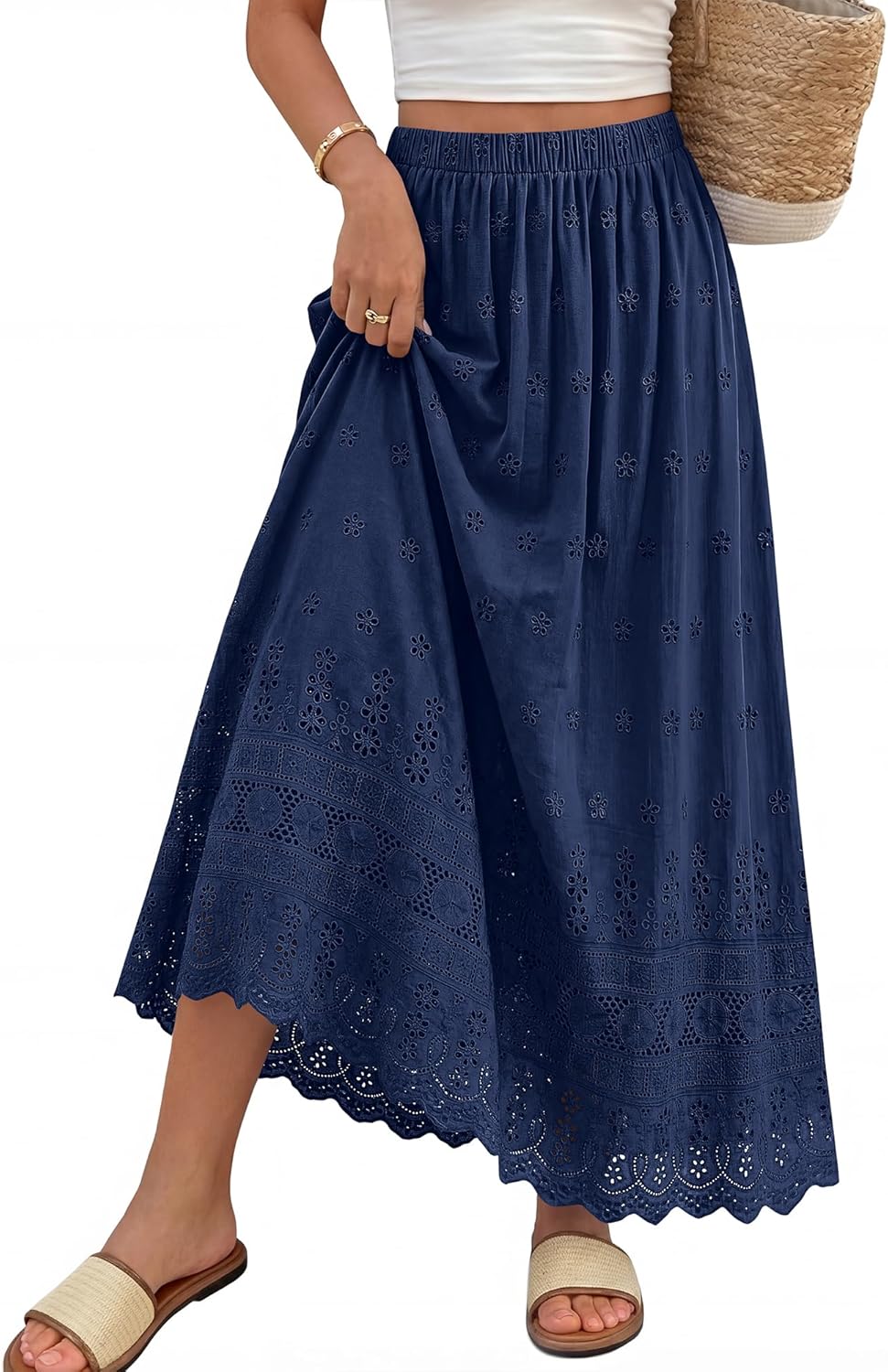 Marie Dowerme Falda Maxi Mujer – Cintura Alta Elástica, Algodón Bordado Bohemio Línea A