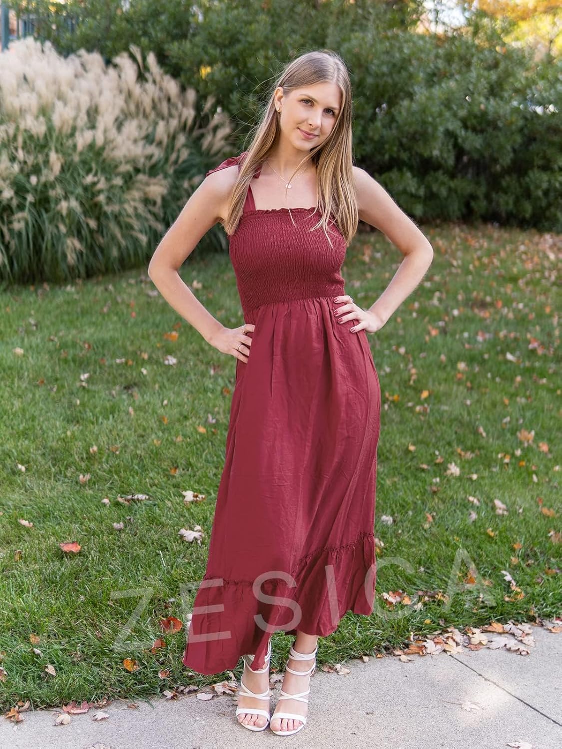 Léa Maxikleid Boho Damen – Elegantes langes Sommerkleid mit quadratischem Ausschnitt, Trägern und Volants