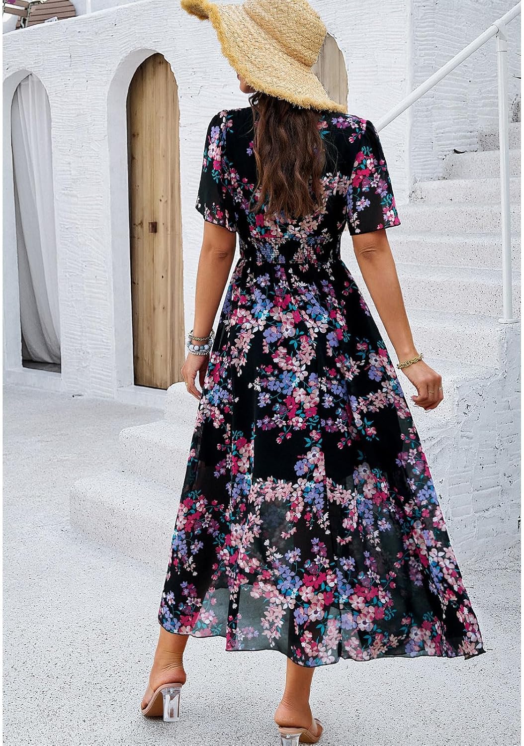 Jade Damen Maxikleid mit Blumenmuster – Hohe Taille, V-Ausschnitt, Kurze Ärmel Boho Sommer