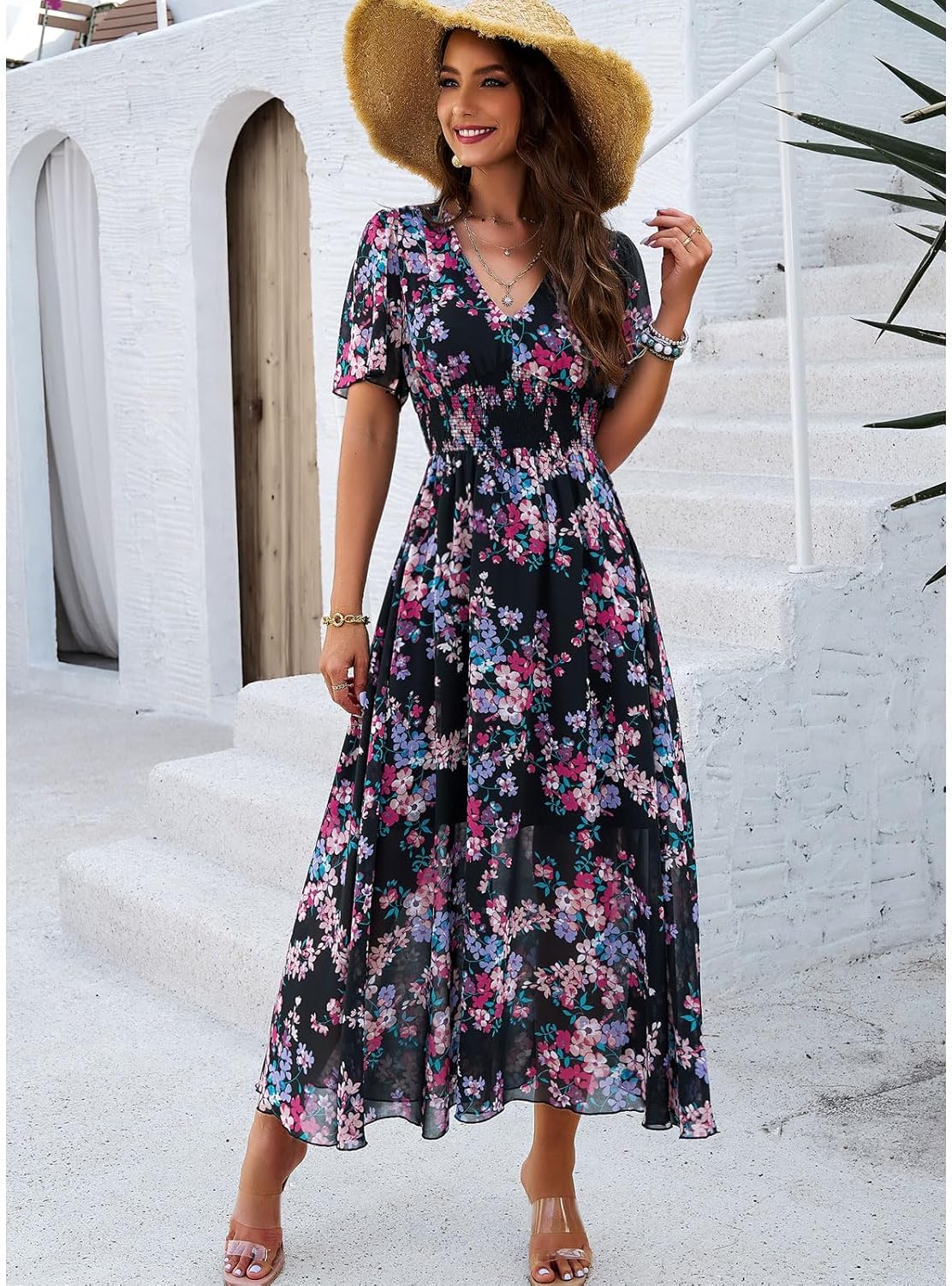 Jade Damen Maxikleid mit Blumenmuster – Hohe Taille, V-Ausschnitt, Kurze Ärmel Boho Sommer