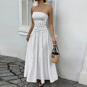 Rochie Sophie pentru femei – Rochie maxi bandeau cu buline, talie înaltă, fluidă, elegantă, de vară