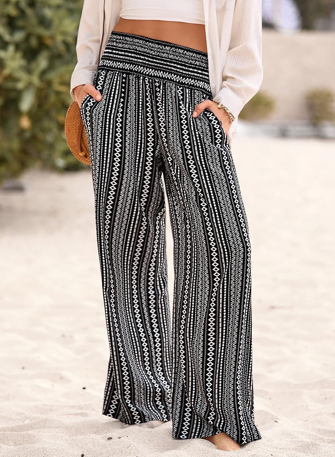 Lola Hose Damen – Geblümte Palazzo-Hose Gummizug Weit & Taschen Sommer