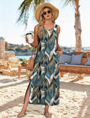 Janea Maxi Dress for Women – Sleeveless Summer Dress with Flowing Cut, Round Neck with Slit & Pockets, Bohemian Beach Style