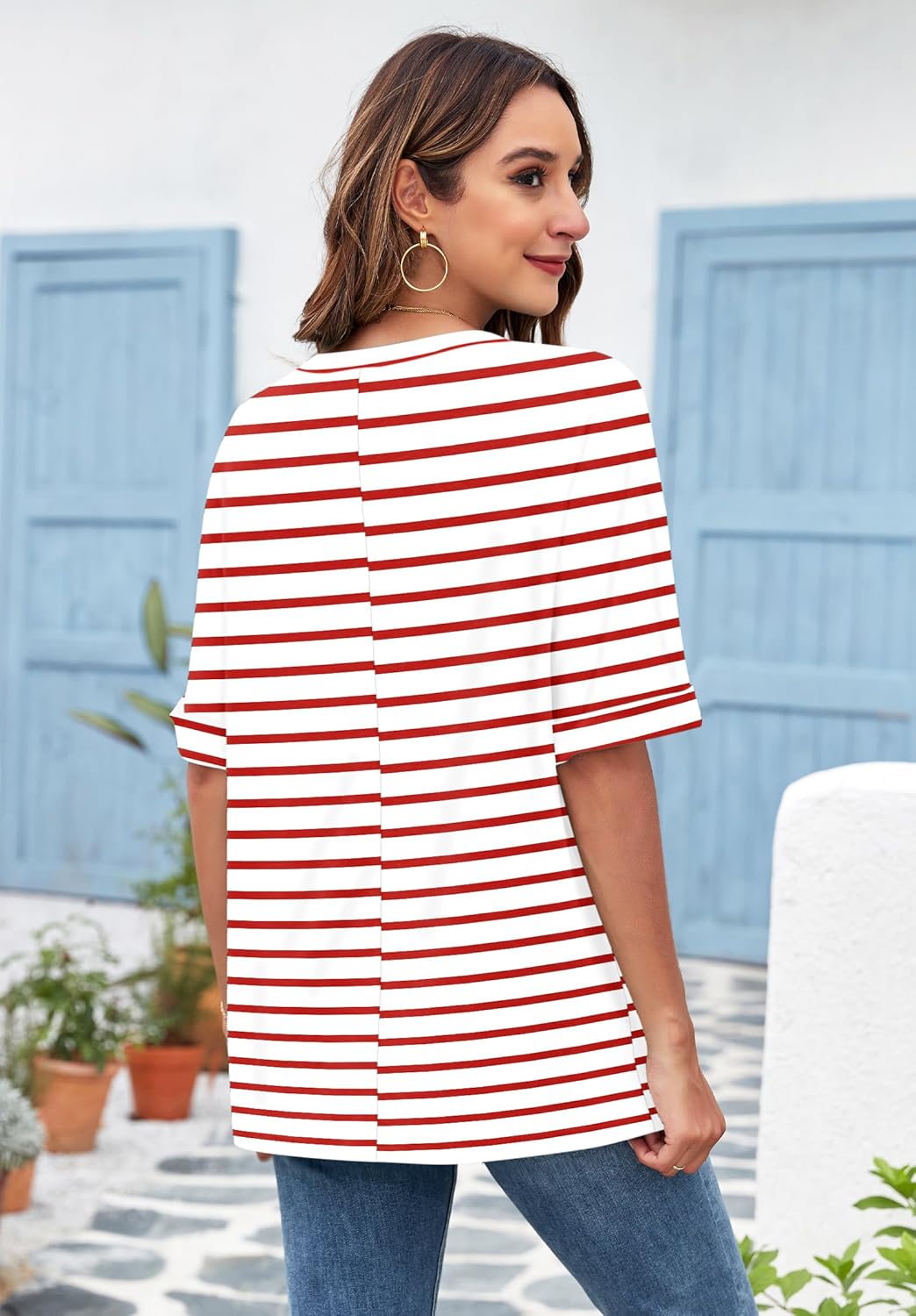 Josefina T-Shirt Damen Oversize – Rundhals, Aufgekrempelte Ärmel, Fließendes Top Sommer