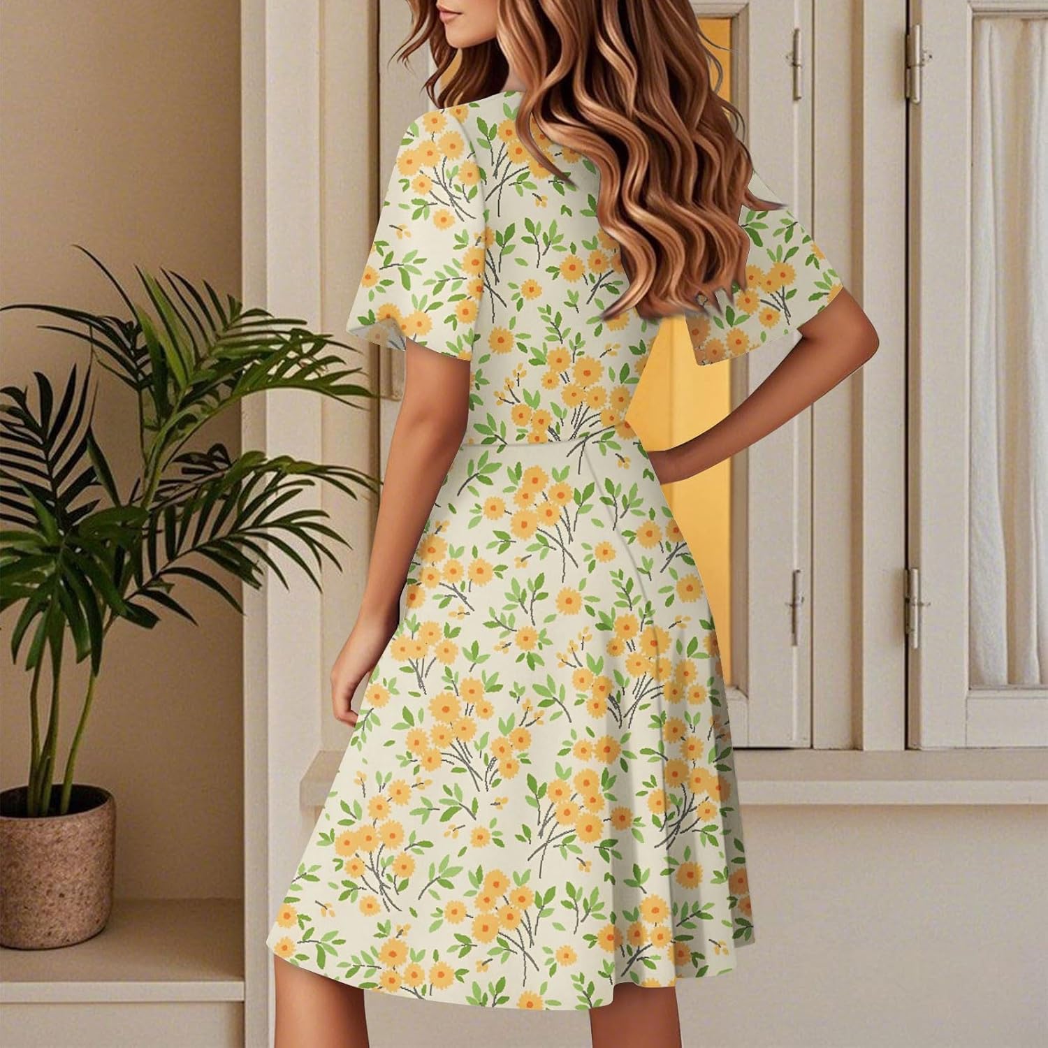 Vestido Boémio Léonie para Mulher – Vestido Evasê com Decote em V e Folhos Elegantes