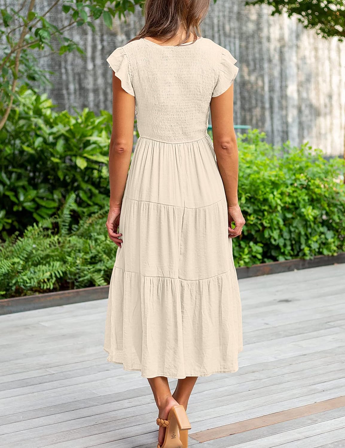 Clara Robe Midi Femme – Robe Été Col V Smockée Volants Avec Poches Élégante