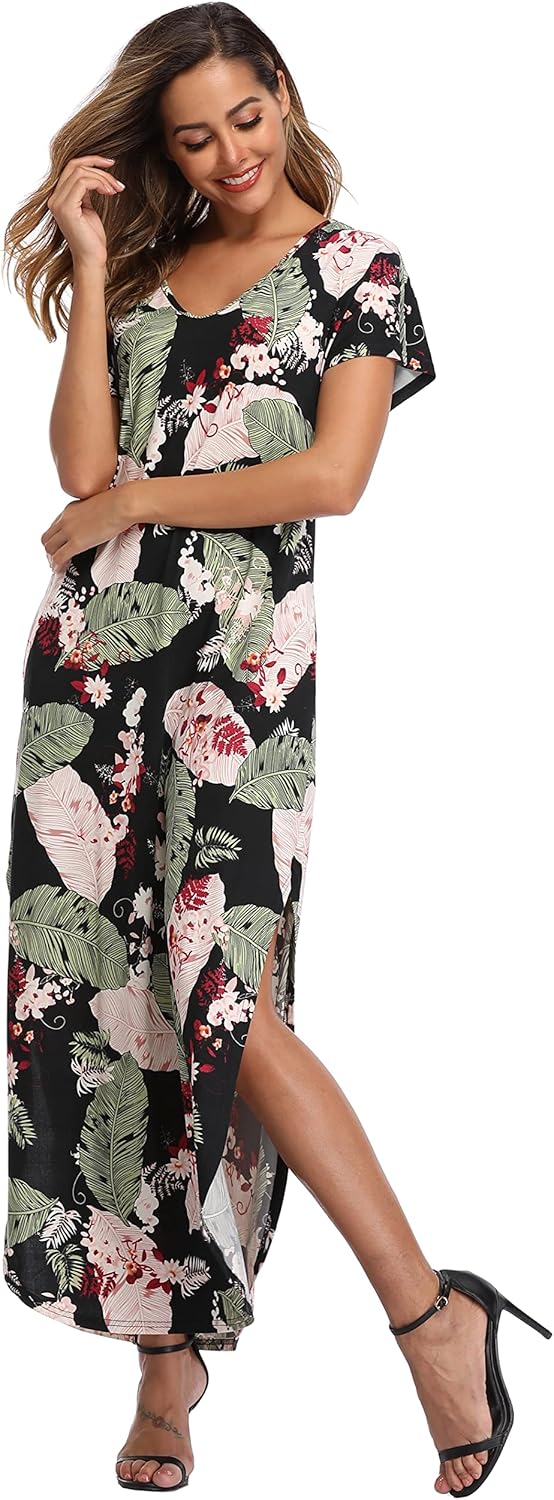 Sophie Robe Maxi Femme – Robe Fleurie Fendue Manches Courtes Avec Poches Été