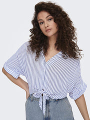 Emma blouse dames viscose – brede hals, met knopen, korte mouwen met strepen