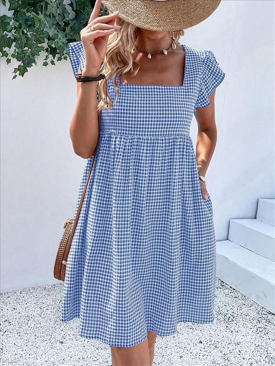 Vestito Lily Donna – Vestito Midi a Quadri con Collo Quadrato, Arricciato, Volant, Linea A, Estivo