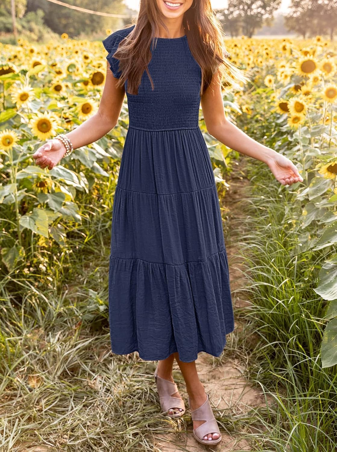 Louise Midi Dress for Women – Summer Smocked Dress with Flounced Sleeves, Elegant A-Line Cut