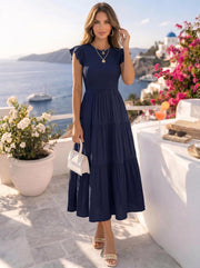 Vestido Midi Élise para Mujer – Vestido de Verano con Cintura Fruncida y Mangas Volantes Elegante y Fluido