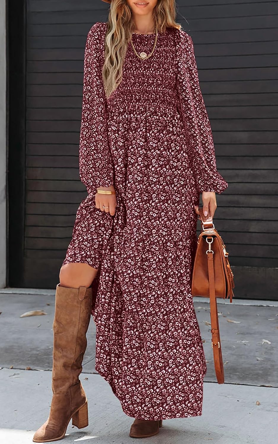 Sophie Women's Maxi Dress – Floral Smocked Dress with Long Sleeves, Elegant Bohemian Style