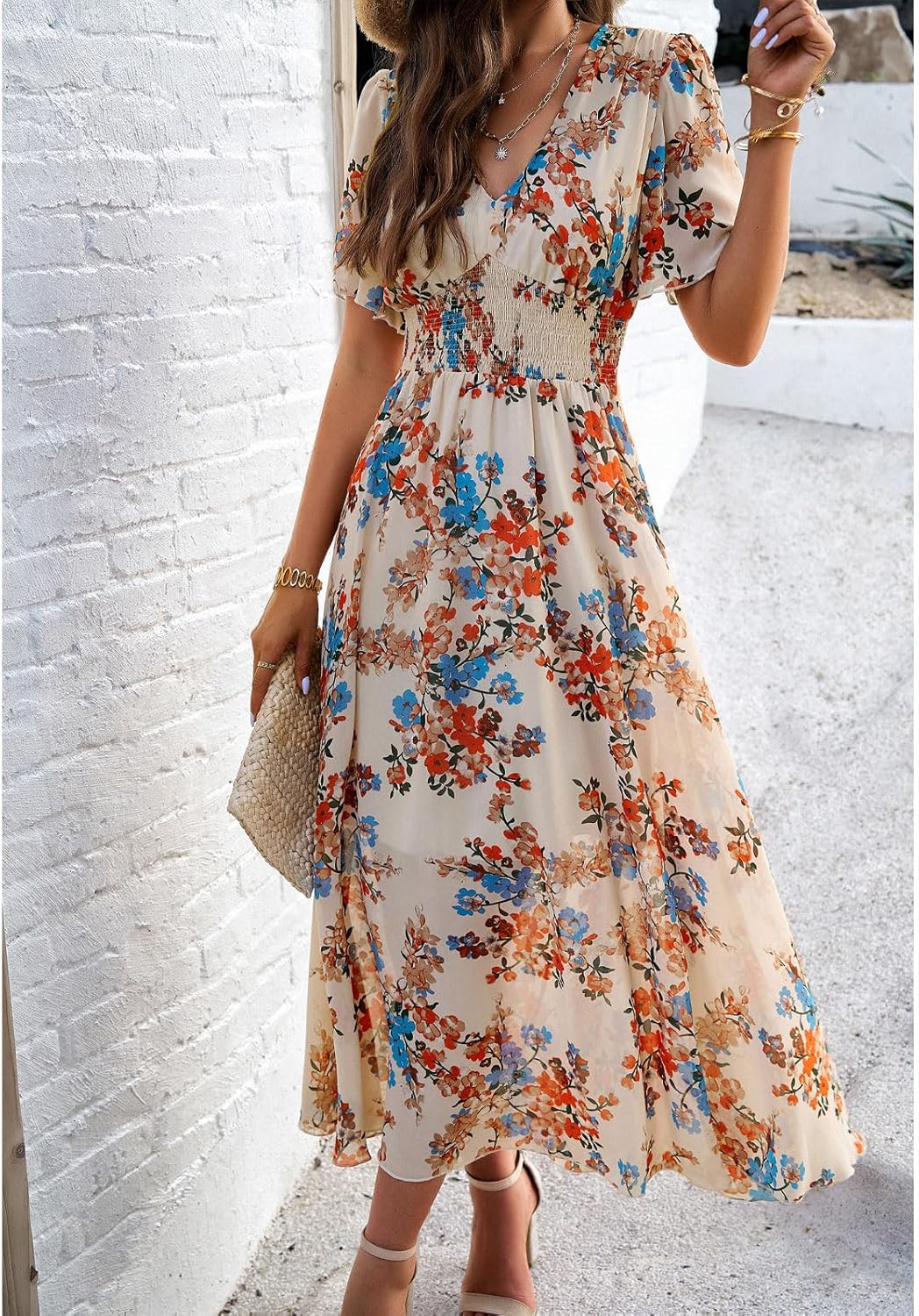 Vestido Dianne para mujer con flores – Cuello en V, mangas cortas, corte fluido, verano casual