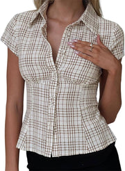 Léa Camicetta Donna – Blusa aderente con colletto a camicia e maniche corte