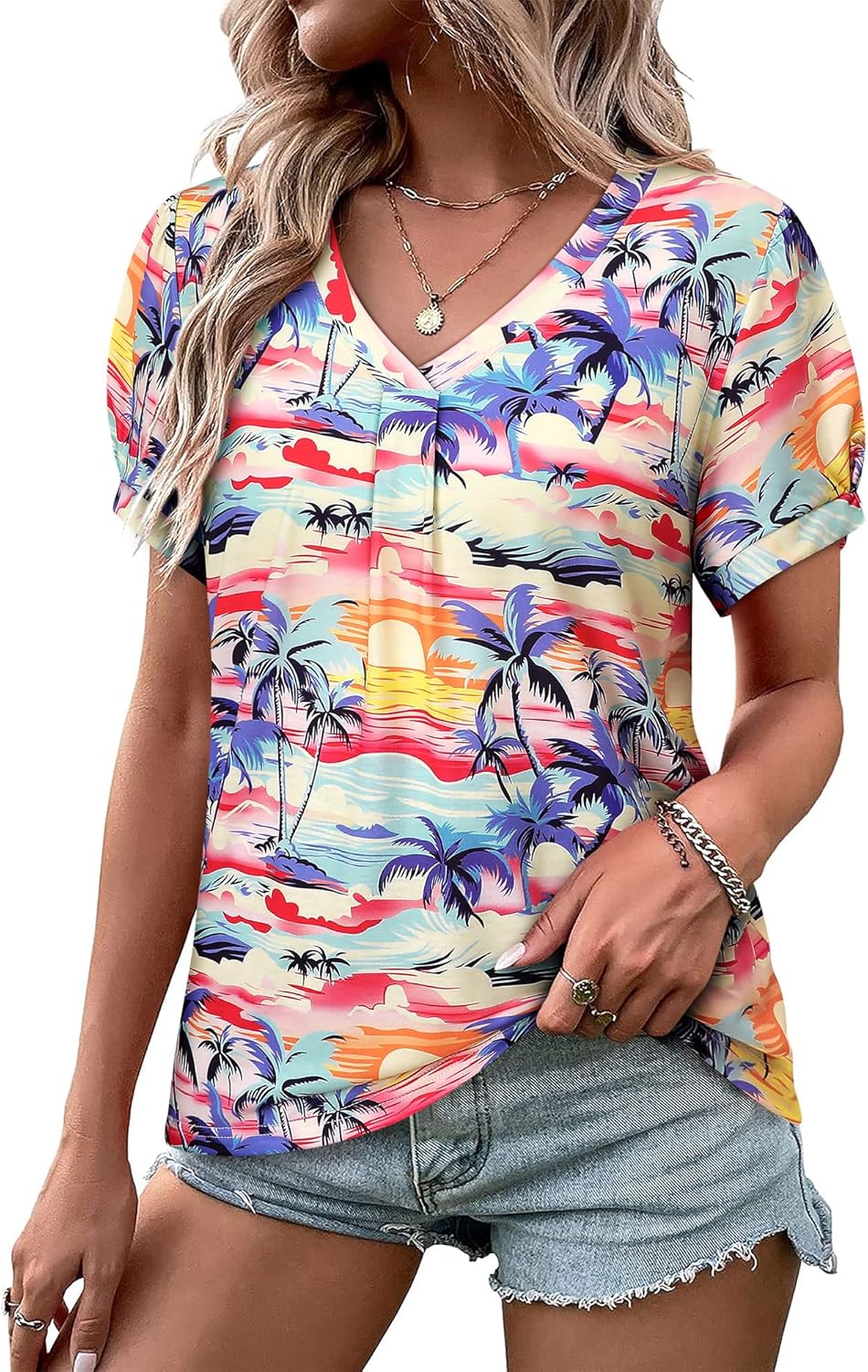 Aloha-bluse til kvinder – tropisk blomstret T-shirt med V-hals og puffede ærmer