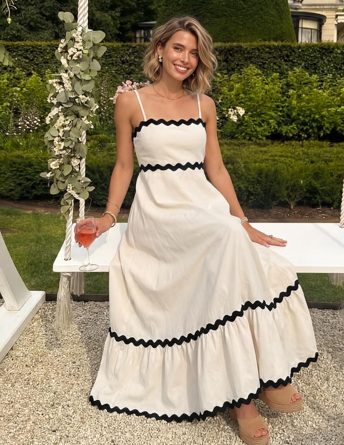 Ella Midi Dress for Women – Elegant Summer Fluid Smocked Dress with Thin Straps and Open Back