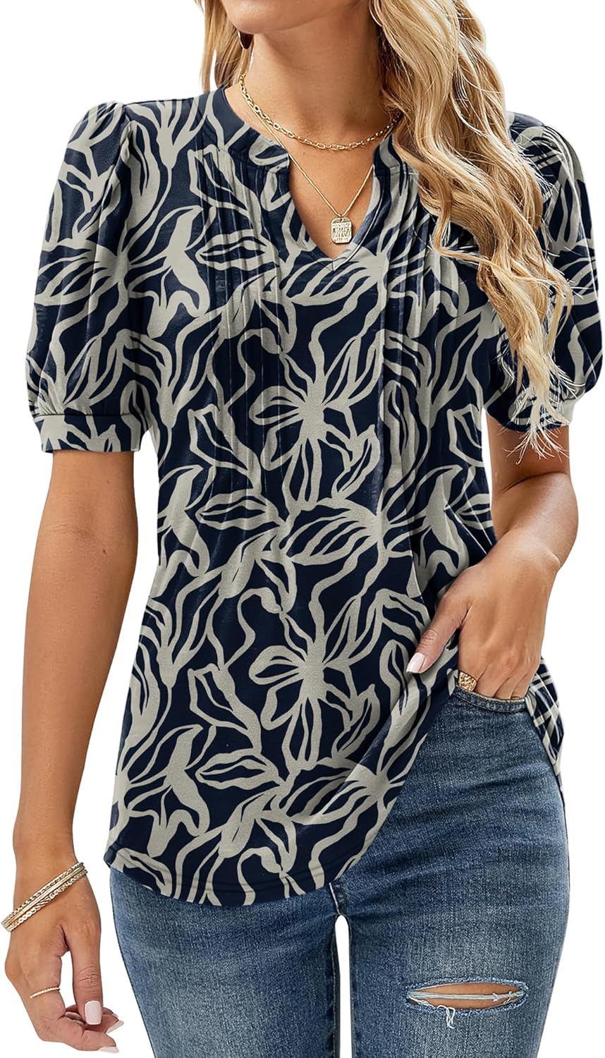 Sofia Haut Donna Scollo a V – T-shirt Fluida con Stampa Floreale, Maniche a Sbuffo e Dettagli Plissettati