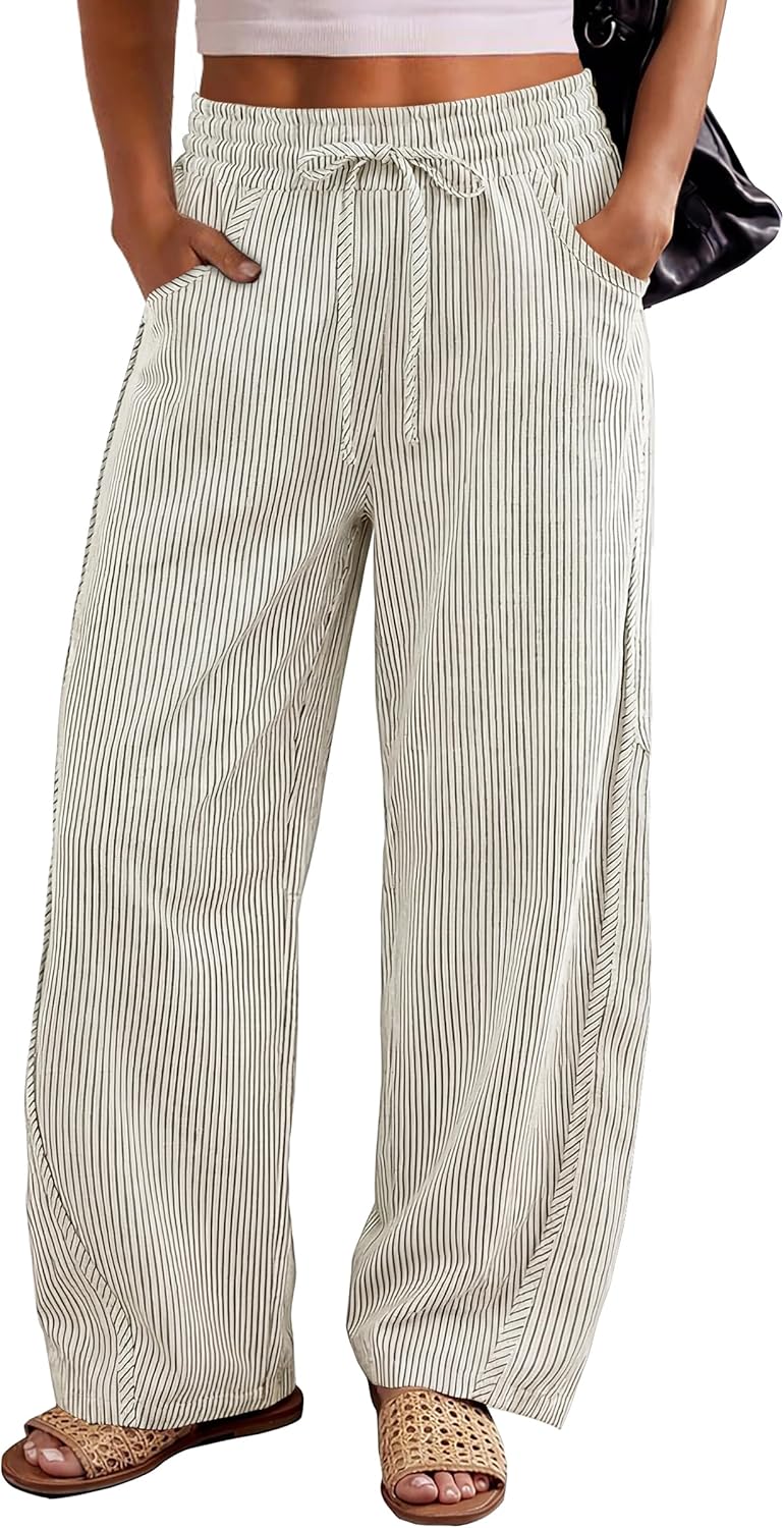 Calças Kim Mulher Risca de Giz Barril – Corte Largo, Cintura Elástica, Estilo Casual