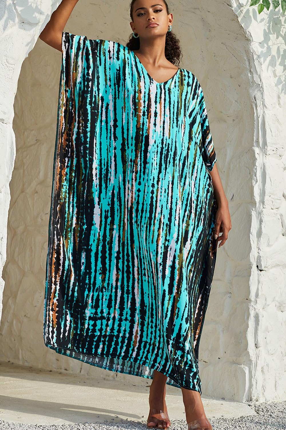 Isla Jurk voor dames – maxi kaftan, bohemien, V-hals, print, soepel vallend, strand, zomer