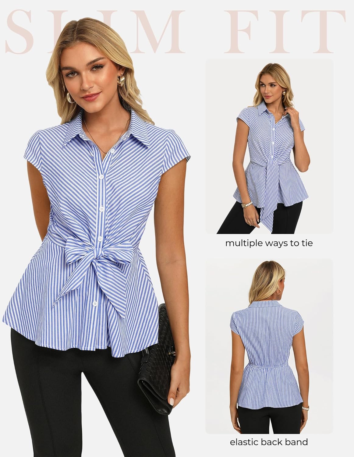 Clémence Bluse Damen Gestreift – Peplum-Hemd zum Binden mit Kapuzenärmeln