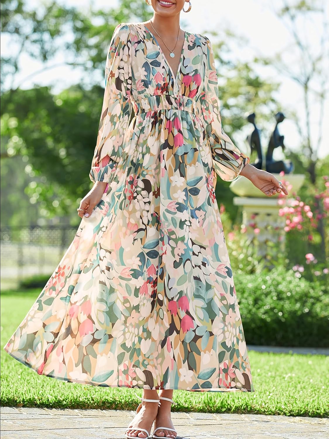 Rochie maxi pentru femei Léa cu flori – rochie lungă cu decolteu în V și mâneci lungi, elegantă, de vară