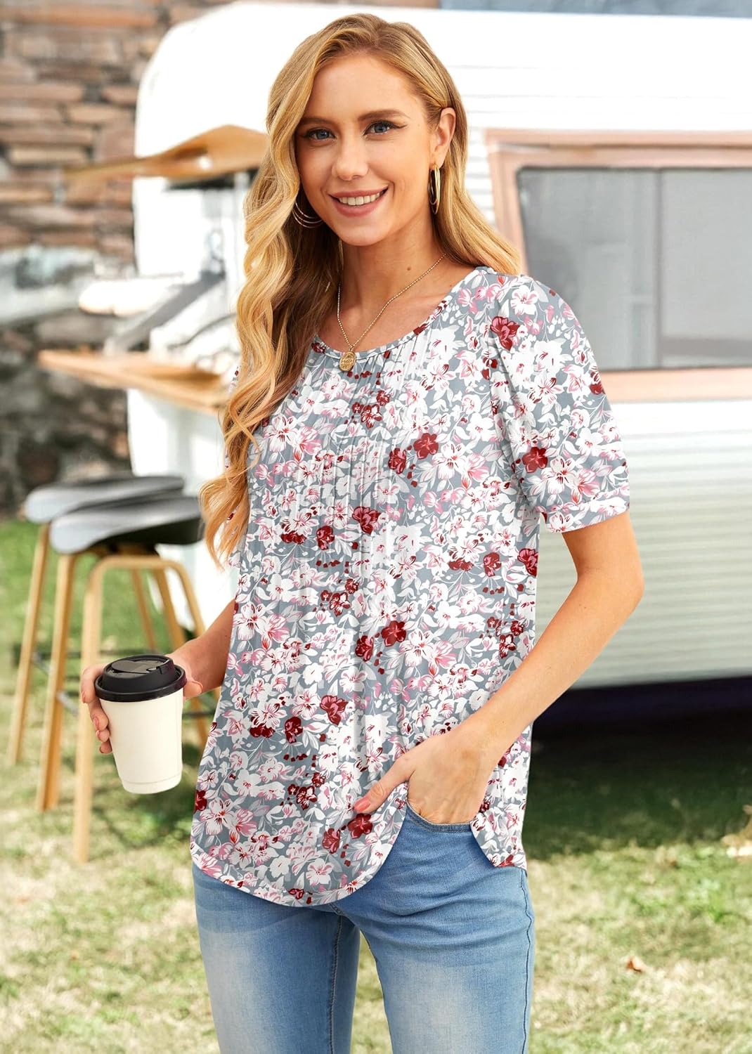 Juliette Blouse Women’s – Flowing Top with Pleats and Short Sleeves