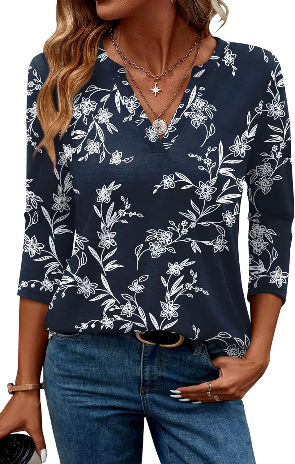 Bluza Lina pentru femei – Top cu mâneci 3/4, decolteu în V, tunică elegantă și fluidă