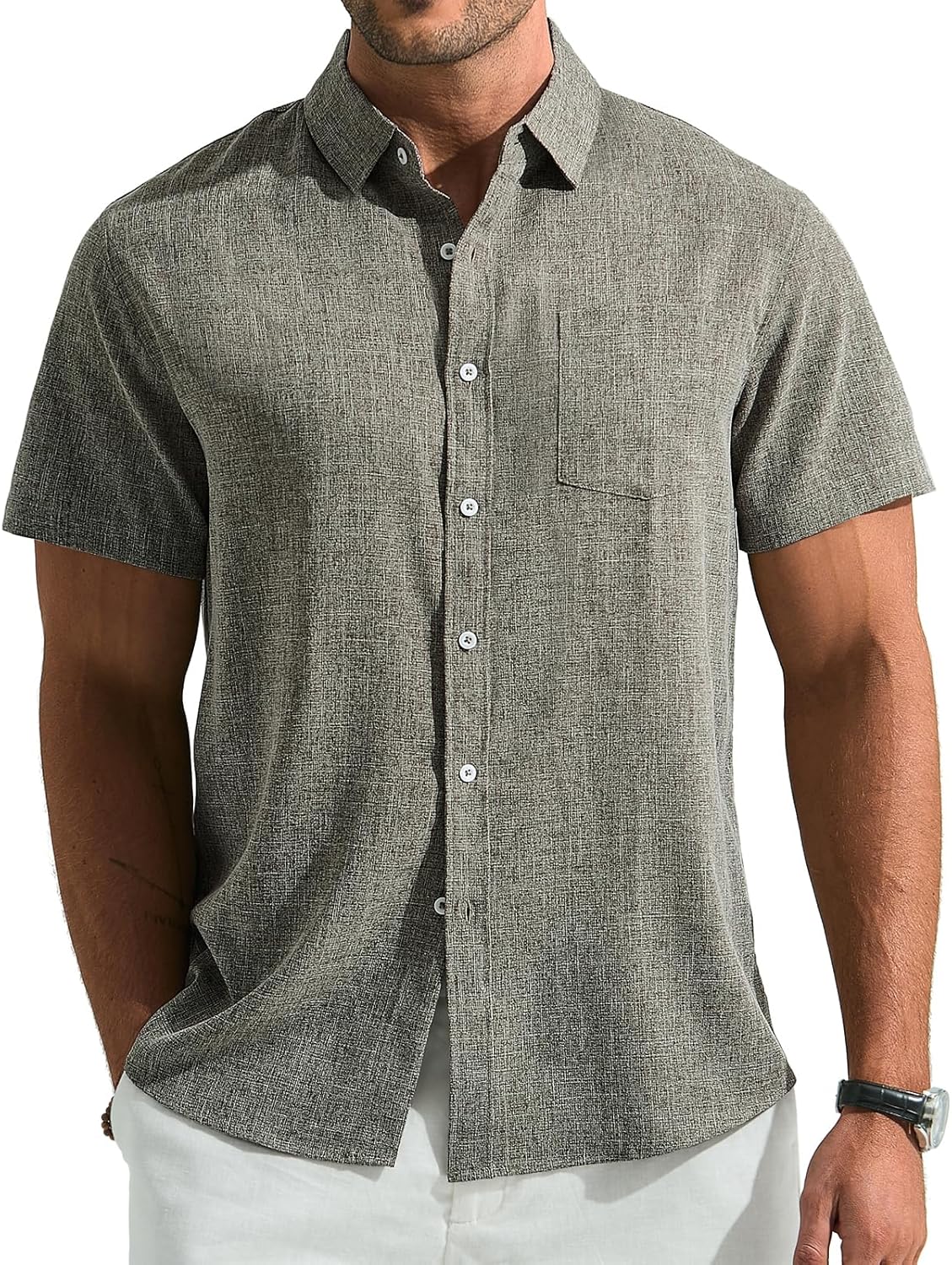 Eulo Camisa Homem – Camisa de Linho de Verão Respirável, Mangas Curtas e Bolso