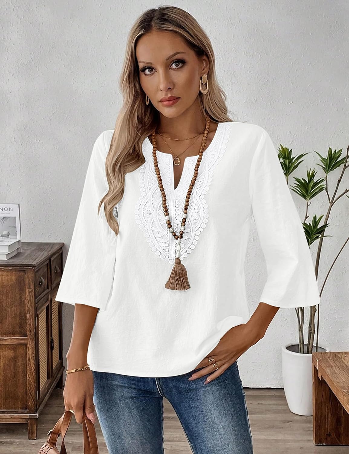 Blusa Brenda Mulher Renda – Decote em V, Mangas 3/4, Corte Largo Algodão Linho Verão