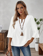 Brenda Damen Bluse Spitze – V-Ausschnitt, 3/4-Ärmel, Weite Passform Baumwolle Leinen Sommer