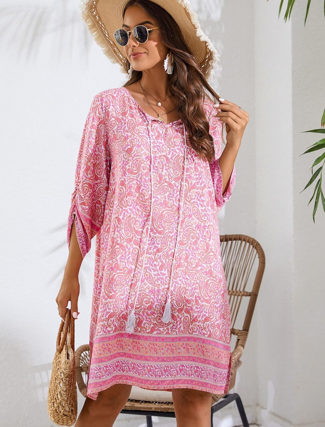 Léa Boho-Kleid für Damen – Blumenkleid mit 3/4-Ärmeln, fließender Schnitt, schick für den Sommer
