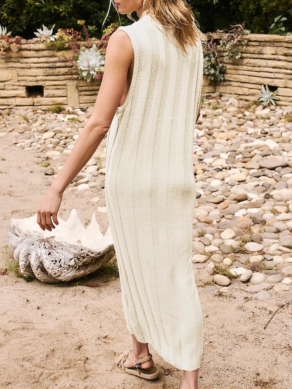 Vestido Maxi Lina para Mujer – Vestido de Punto Acanalado sin Mangas con Cuello Redondo para Verano