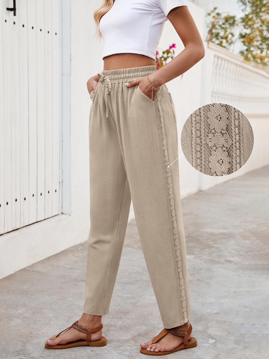 Ysabel Pantalon damă din in Capri – Dantelă, croială largă, talie elastică, vară șic