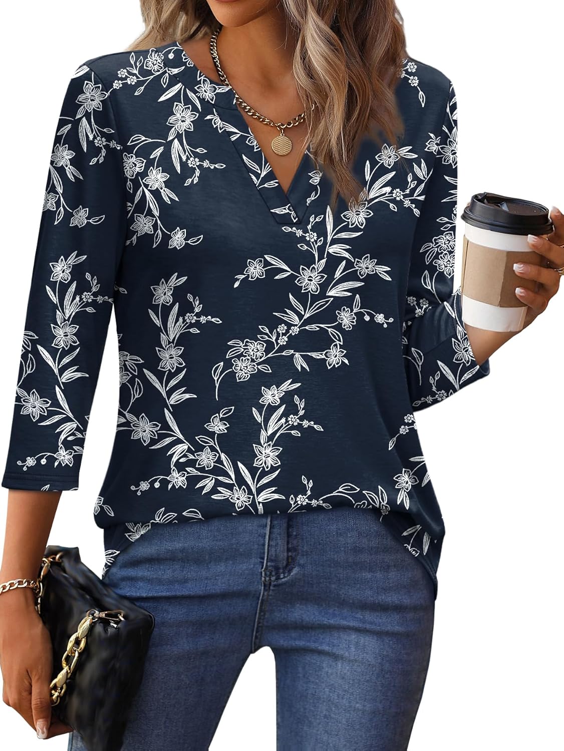 Bluza Lina pentru femei – Top cu mâneci 3/4, decolteu în V, tunică elegantă și fluidă