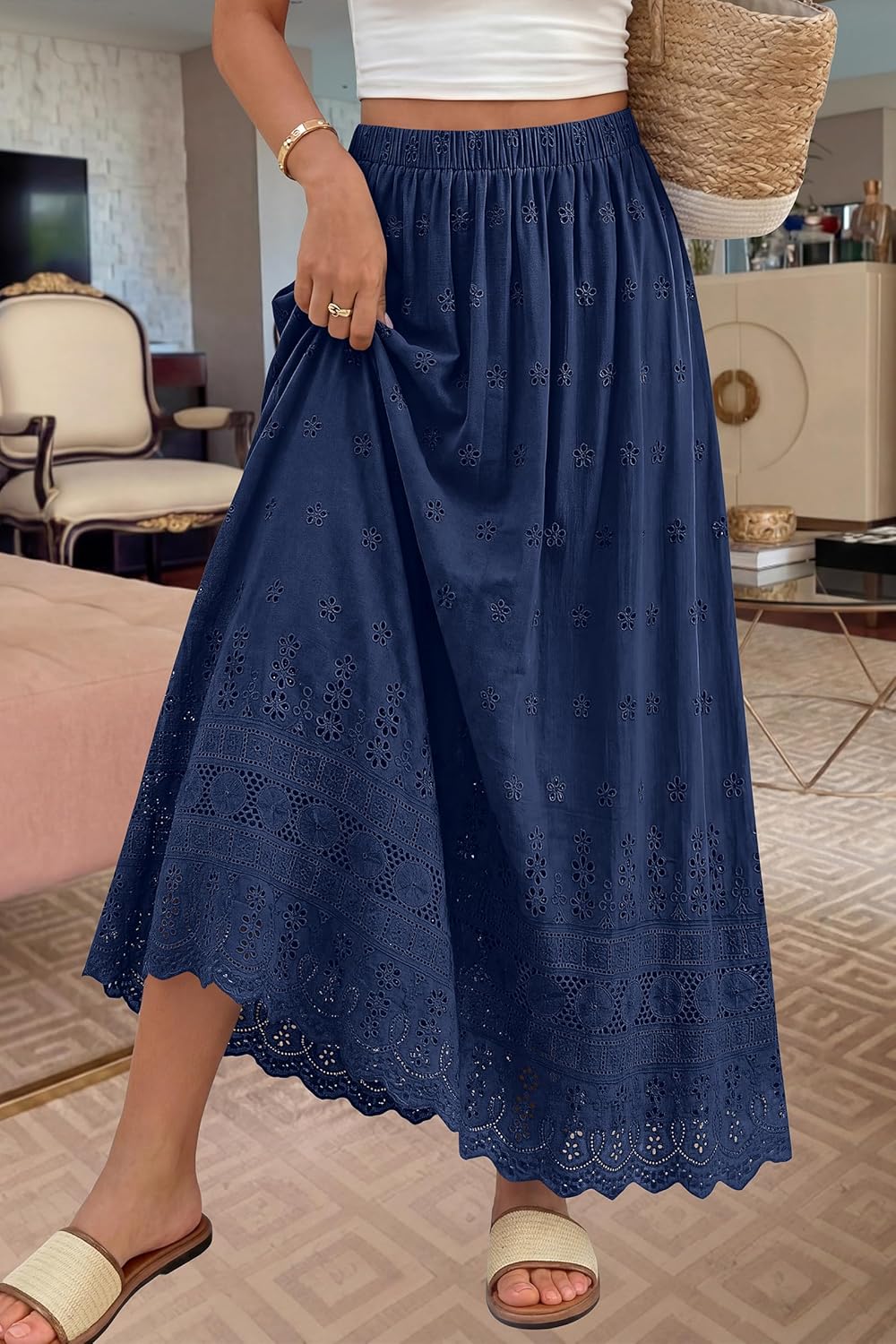 Marie Dowerme Gonna Maxi Donna – Vita Alta Elastico, Cotone Ricamato Boho A-Line