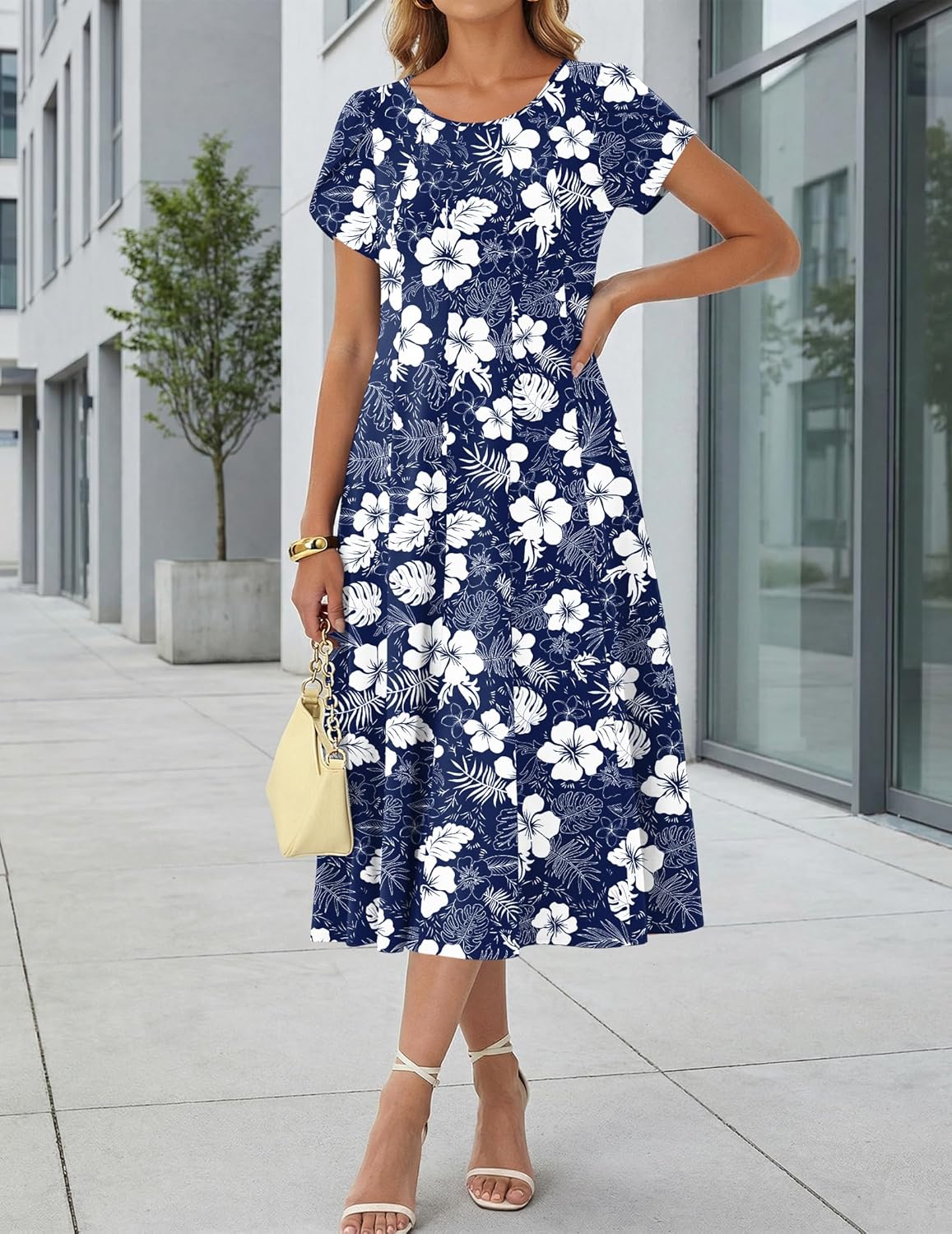Amyrose Abito Midi A-Line Donna – Abito Estivo Fluido con Maniche a Sbuffo e Tasche