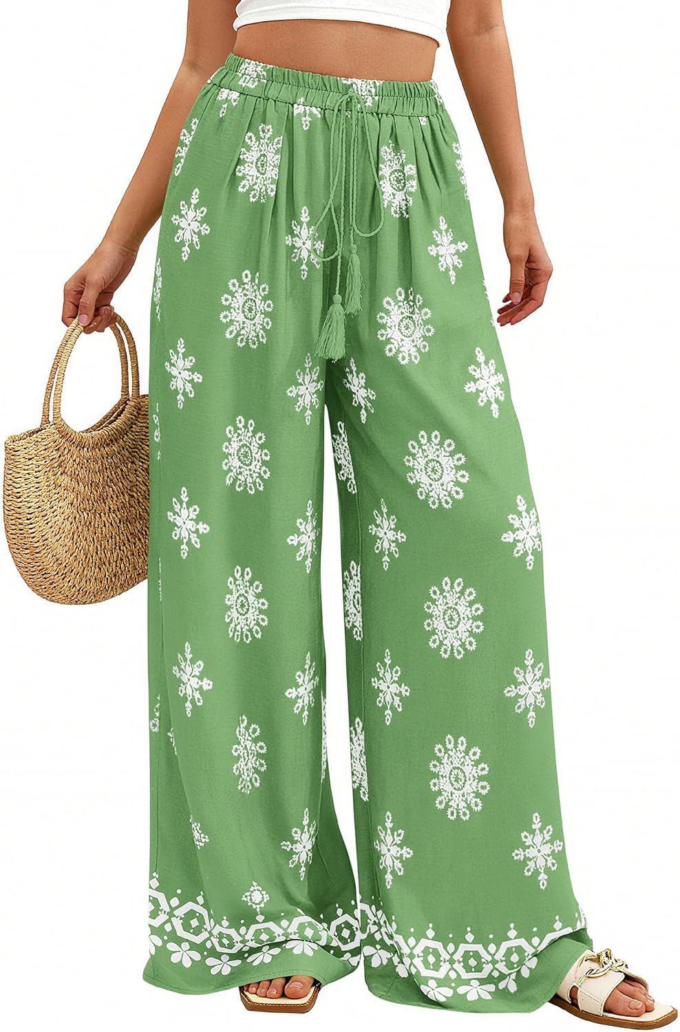 Trixie Pantaloni Palazzo Damă Floral – Croială Largă Fluidă, Talie Elastică Vară Boho