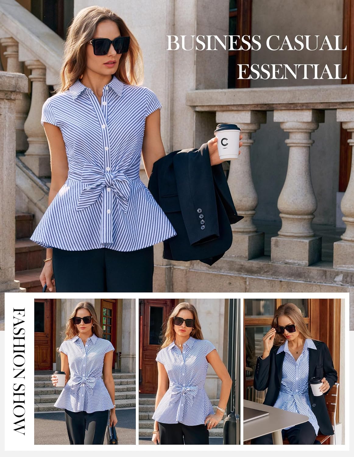 Clémence Bluse Damen Gestreift – Peplum-Hemd zum Binden mit Kapuzenärmeln