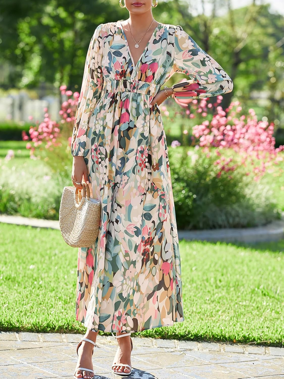 Rochie maxi pentru femei Léa cu flori – rochie lungă cu decolteu în V și mâneci lungi, elegantă, de vară