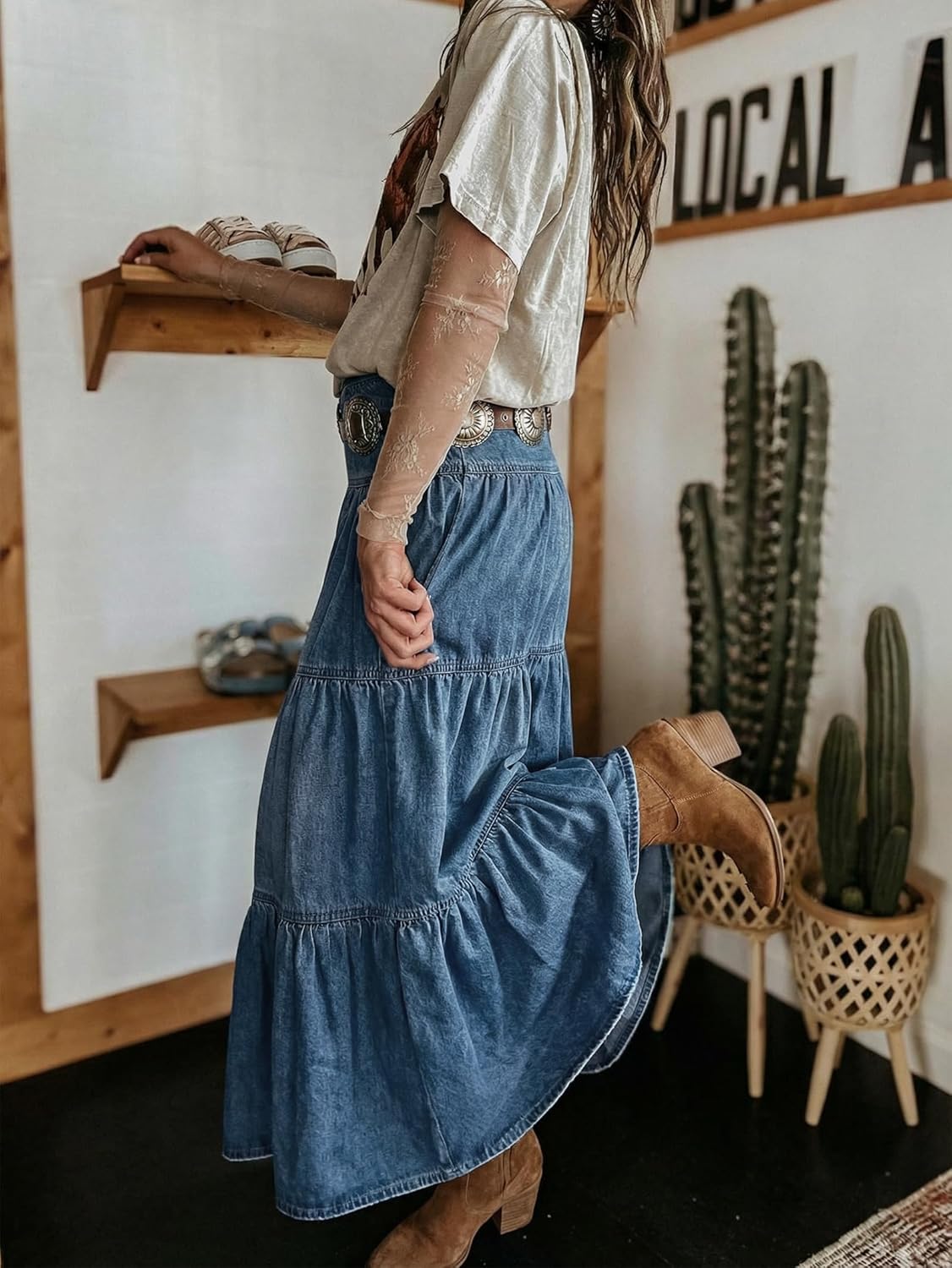 Saia Jeans Verna para Mulher – Saia Maxi de Ganga de Cintura Alta, Folhos e Bolsos