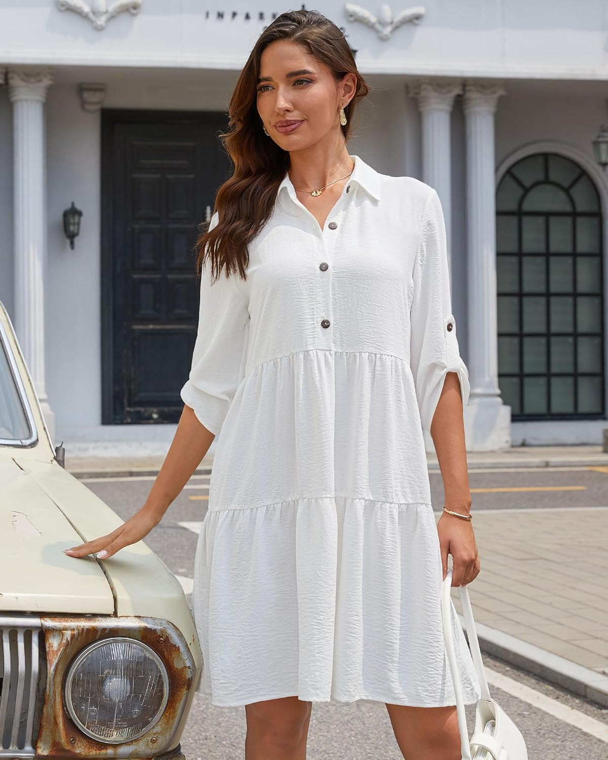 Léa Women's Shirt Dress – A-Line Dress with Ruffles, Buttoned, 3/4 Sleeves, Summer