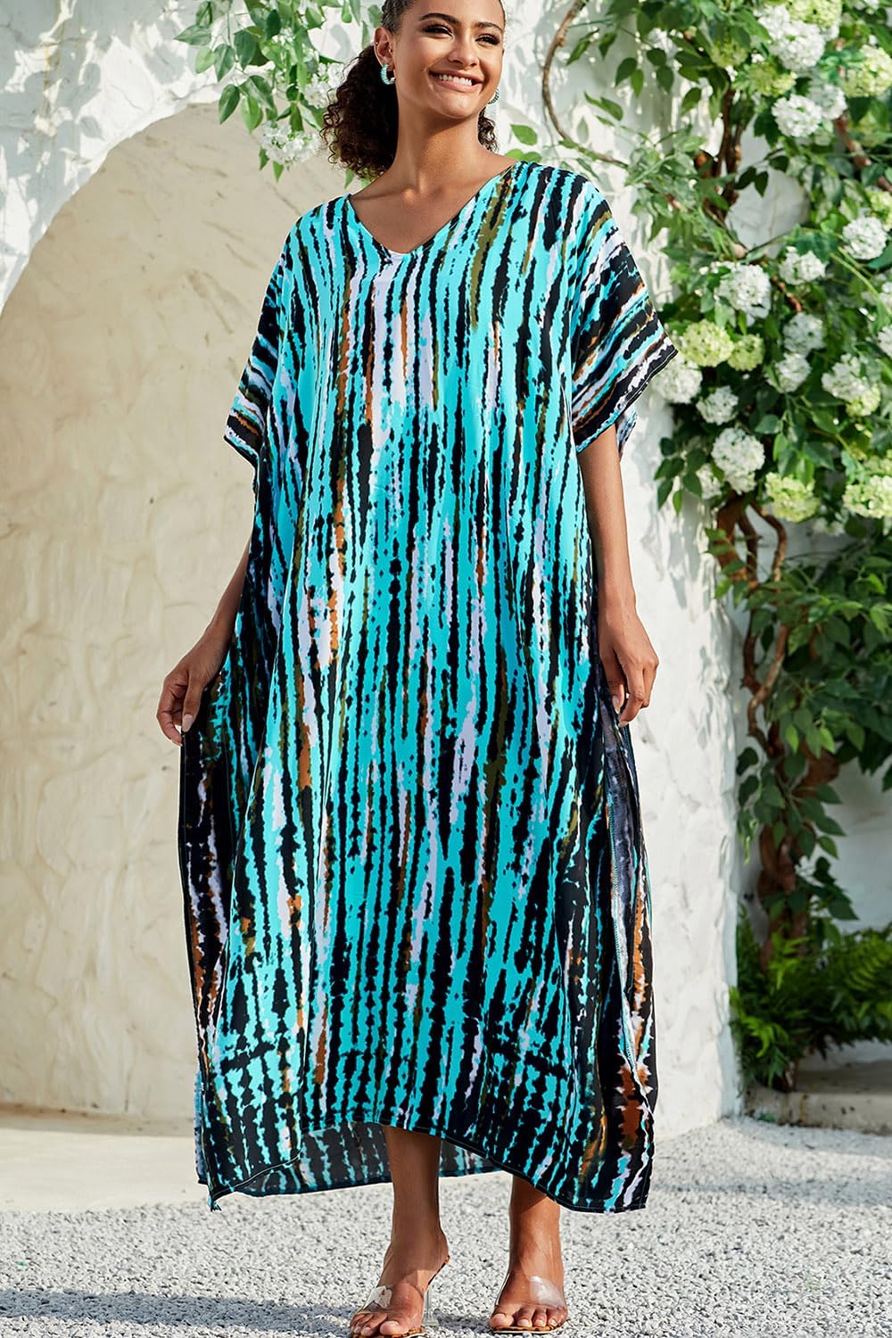 Isla Jurk voor dames – maxi kaftan, bohemien, V-hals, print, soepel vallend, strand, zomer