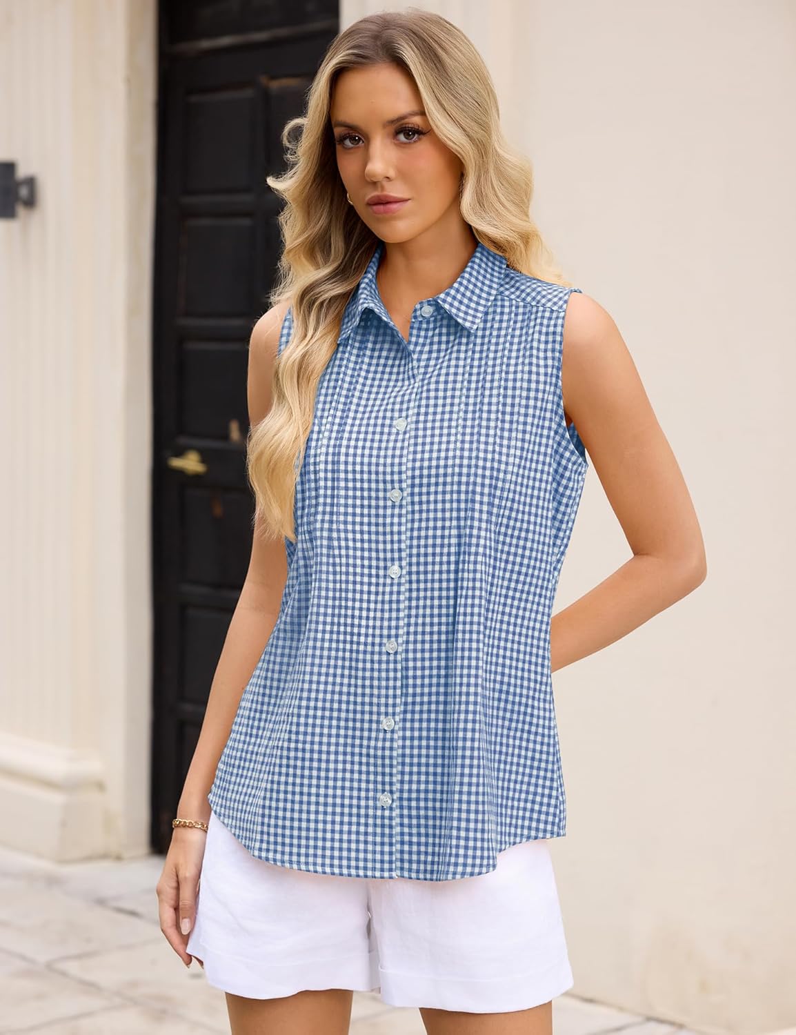 Blusa Sophie para mujer sin mangas – Camisa de algodón con cuello de camisa