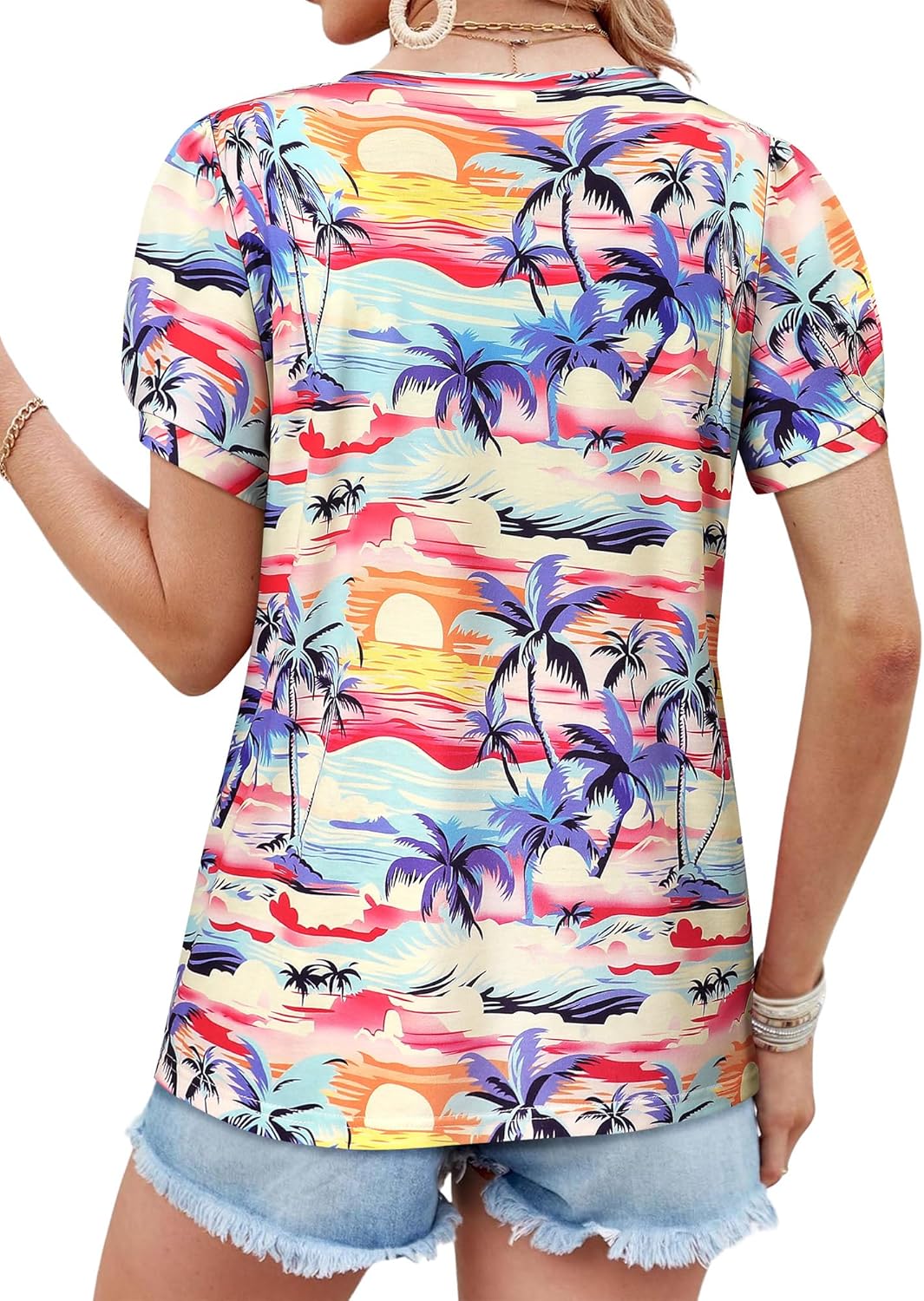 Aloha-bluse til kvinder – tropisk blomstret T-shirt med V-hals og puffede ærmer