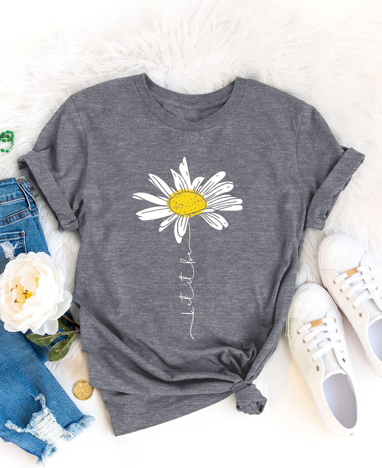 Lily T-shirt Dames Madeliefje – Top Met Print “Let It Be” Ronde Hals Korte Mouwen Zomer