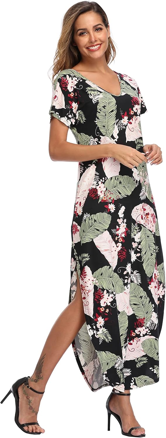 Sophie Robe Maxi Femme – Robe Fleurie Fendue Manches Courtes Avec Poches Été