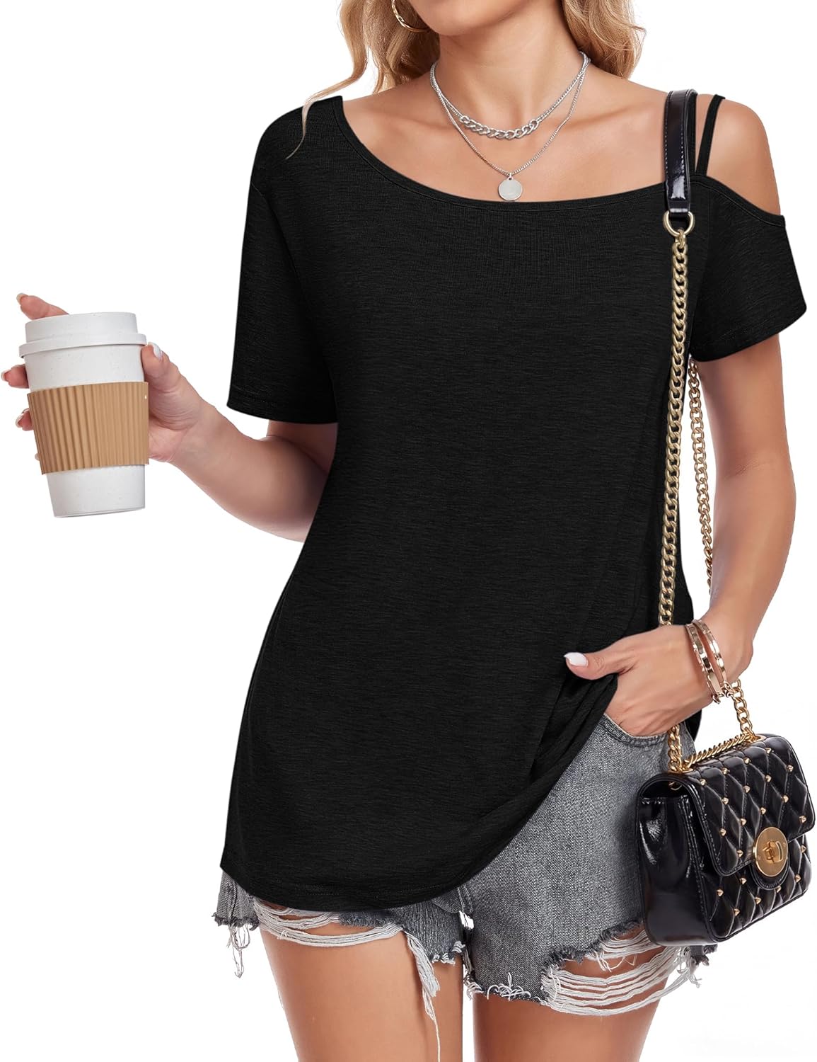 Top Lina para mujer con hombros descubiertos – Camiseta asimétrica de verano elegante y casual