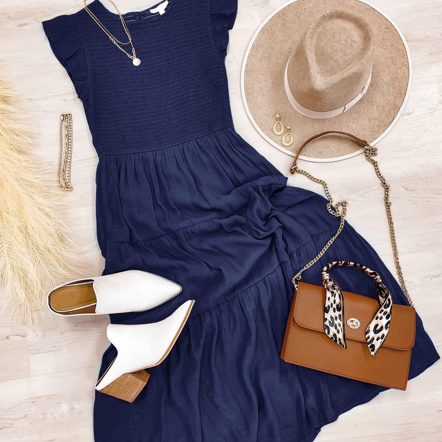 Louise Midi Dress for Women – Summer Smocked Dress with Flounced Sleeves, Elegant A-Line Cut